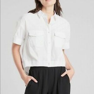 Athleta White Utility Crop Button Up Short Sleeve Collard Shirt